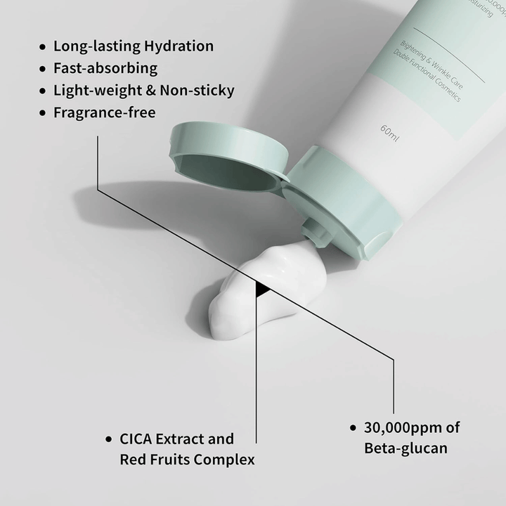 Primo piano di iUNIK Beta-Glucan Daily Moisture Cream in cui la crema viene spremuta fuori dal tubo. L’immagine mette in evidenza la consistenza leggera del prodotto e caratteristiche importanti come l’idratazione a lunga durata, il rapido assorbimento, la sensazione non appiccicosa, la formula senza profumo, il beta-glucano e ingredienti lenitivi come l’estratto di CICA.