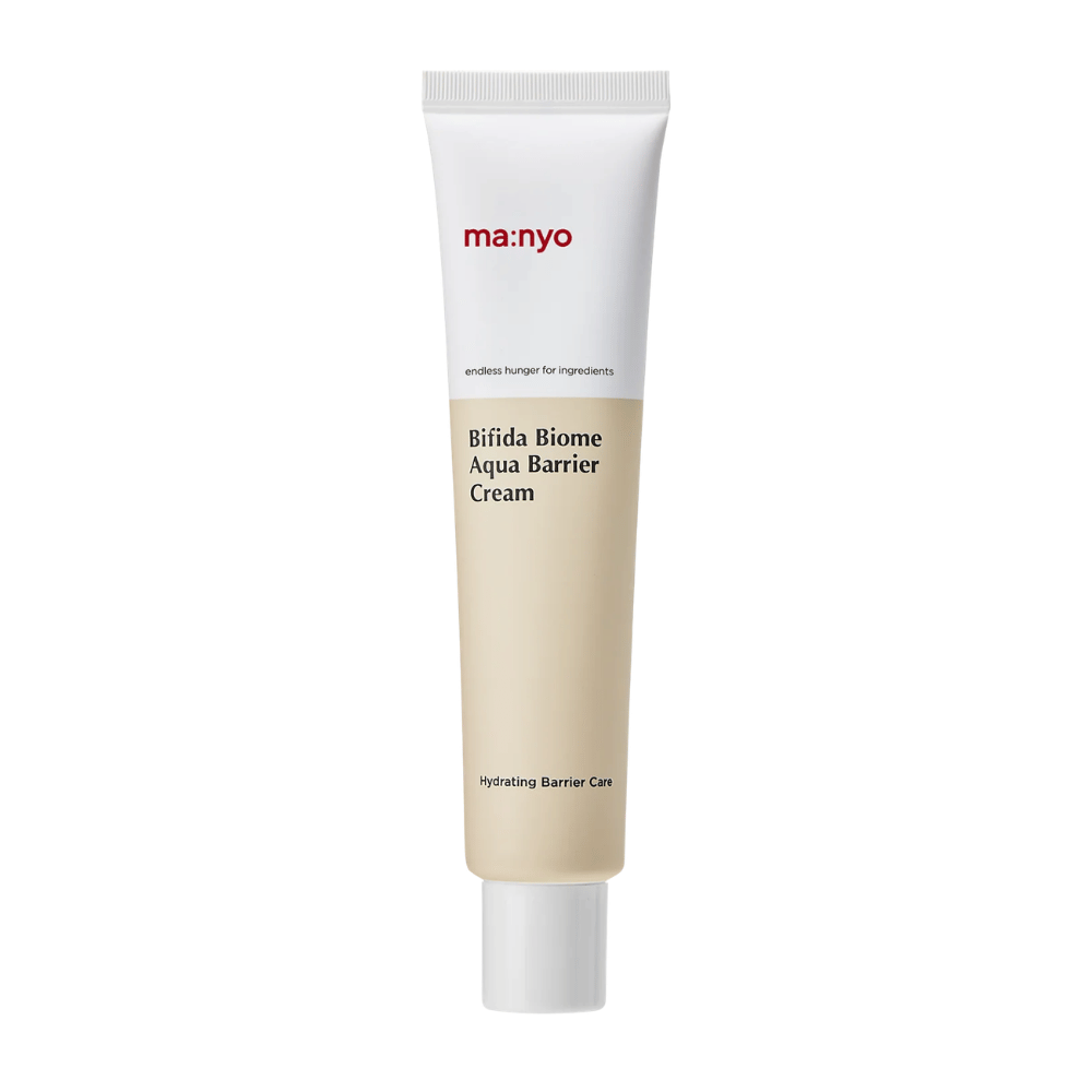 5. Ma:nyo Bifida Biome Aqua Barrier Cream – crema viso leggera e idratante che rinforza la barriera cutanea in tubo bianco e beige