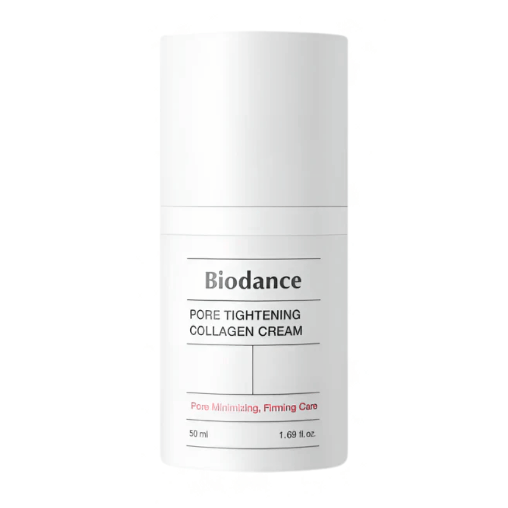 Biodance Pore Tightening Collagen Cream in confezione bianca semplice con design minimalista, 50 ml.