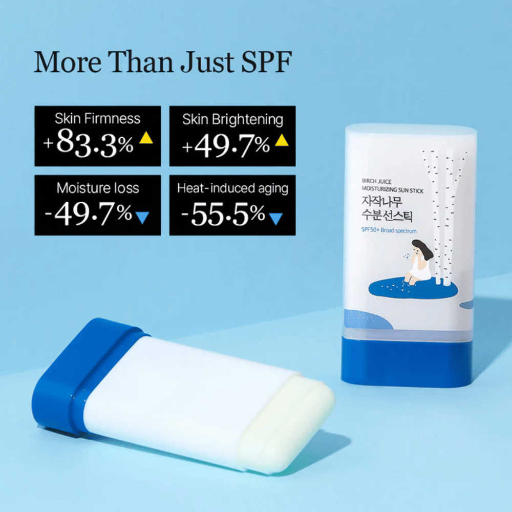 ROUND LAB Birch Juice Sun Stick con SPF50+ viene mostrato con risultati di miglioramento dell'elasticità della pelle e riduzione della perdita di idratazione