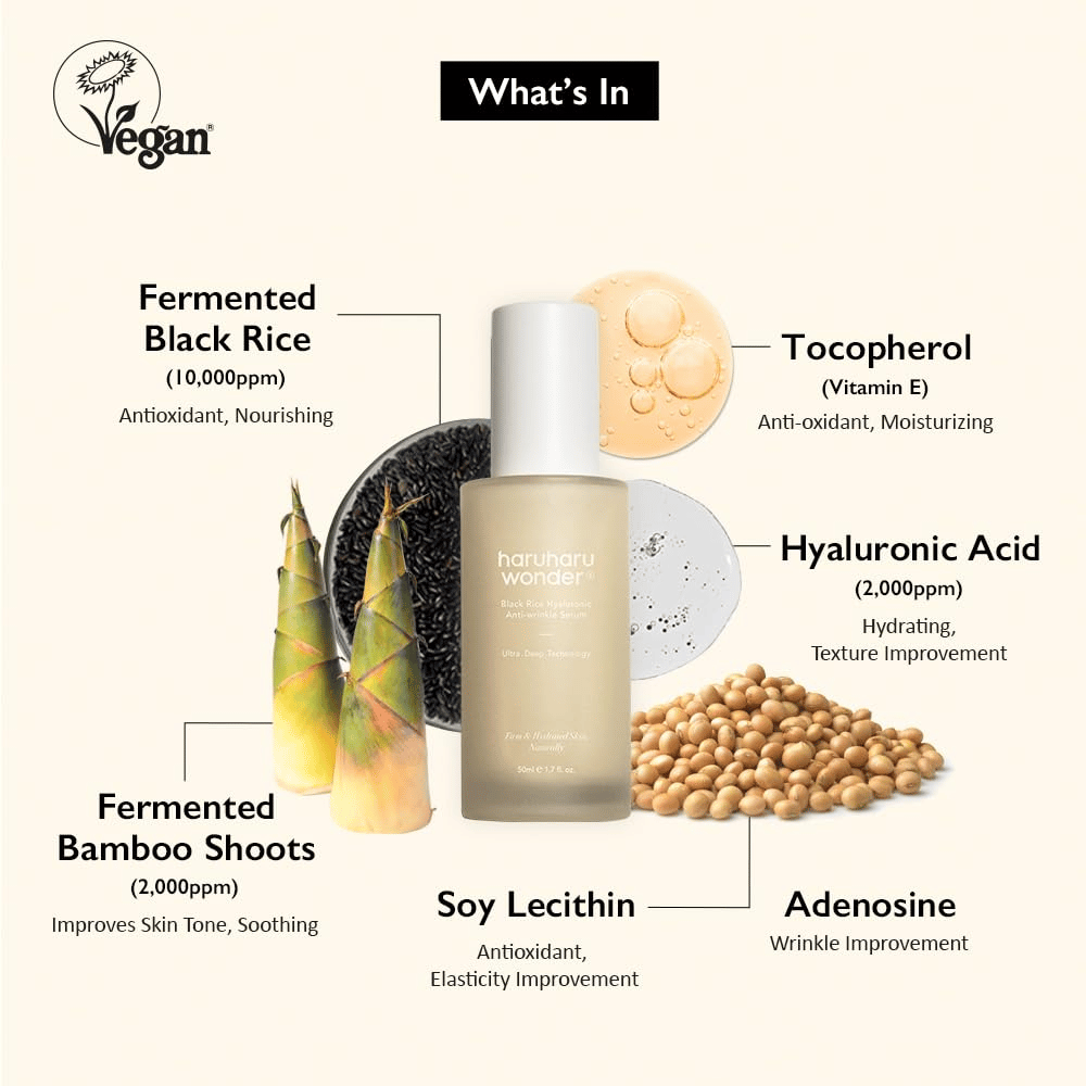 Haruharu Wonder Black Rice Hyaluronic Anti-Wrinkle Serum con riso nero fermentato, acido ialuronico e vitamina E