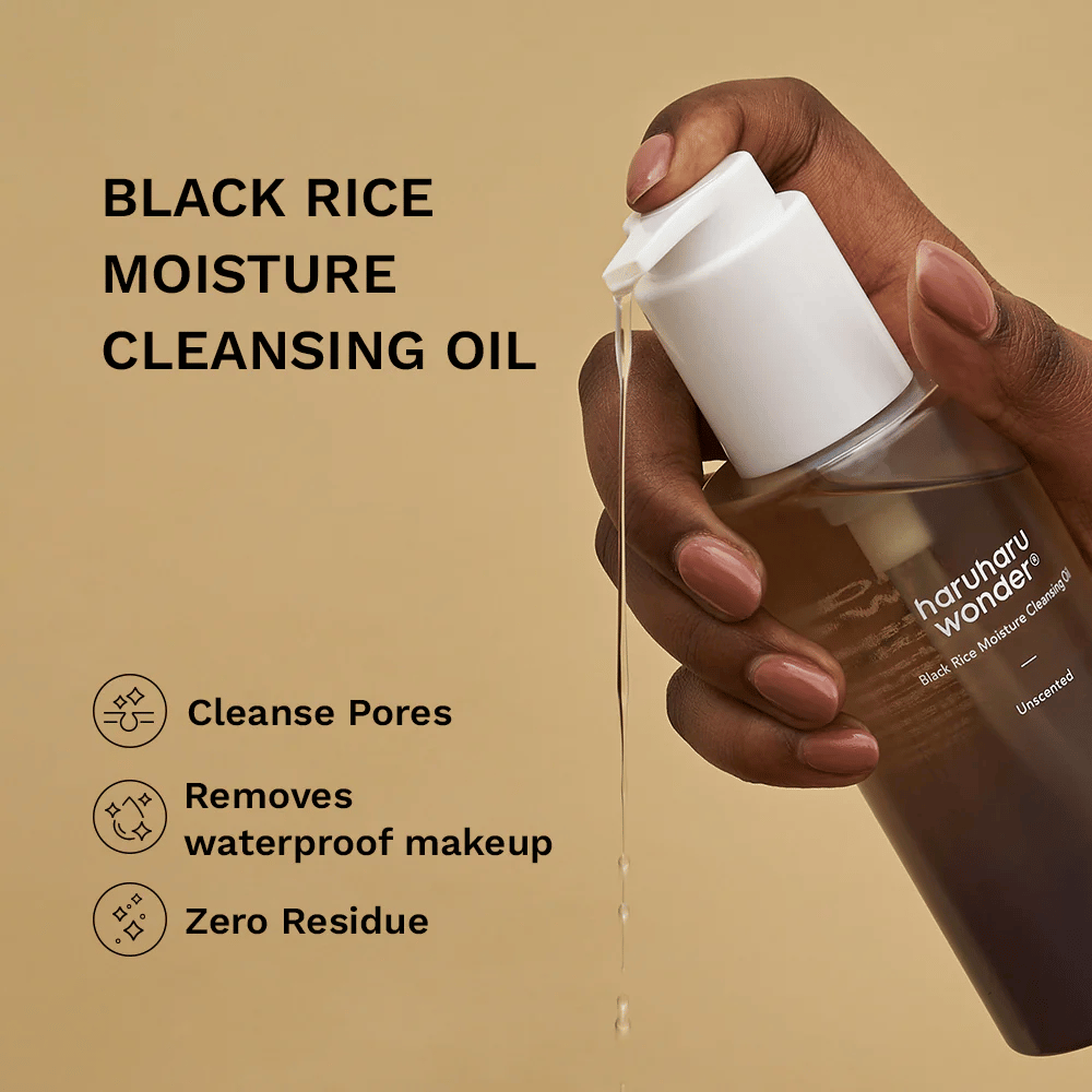 Haruharu Wonder Black Rice Moisture Cleansing Oil eroga olio detergente – efficace contro il trucco waterproof, pulisce i pori e non lascia residui.