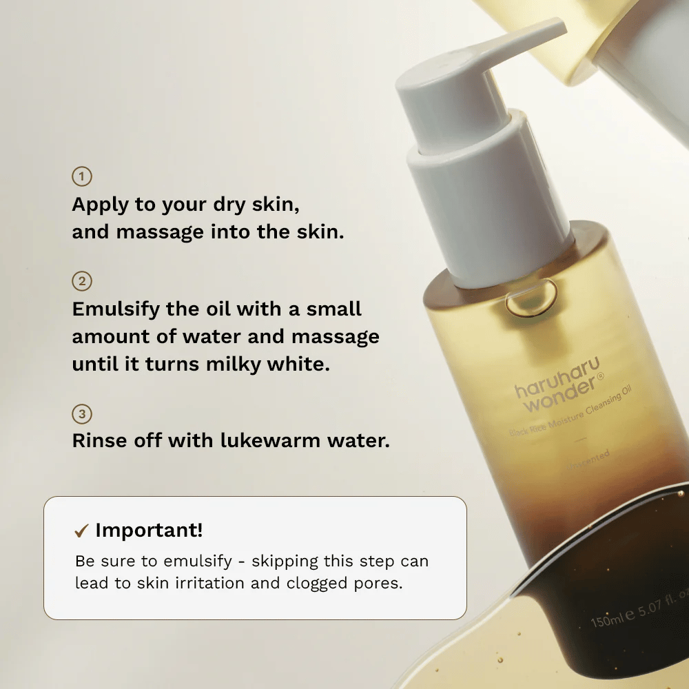 Haruharu Wonder Black Rice Moisture Cleansing Oil guida all'applicazione – olio detergente da massaggiare sulla pelle asciutta, emulsionare con acqua e risciacquare per una rimozione efficace del trucco.