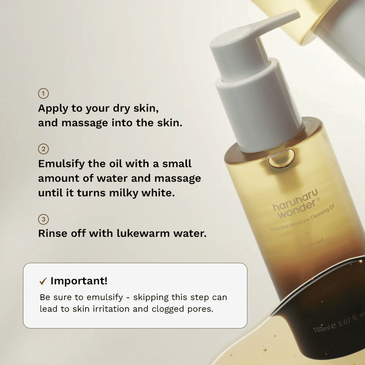 Haruharu Wonder Black Rice Moisture Cleansing Oil guida all'applicazione – olio detergente da massaggiare sulla pelle asciutta, emulsionare con acqua e risciacquare per una rimozione efficace del trucco.