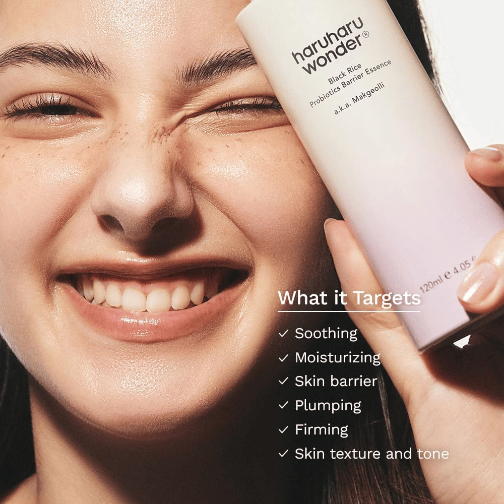 Haruharu Wonder Black Rice Probiotics Barrier Essence si applica sul viso per idratazione, effetto lenitivo e barriera cutanea rinforzata