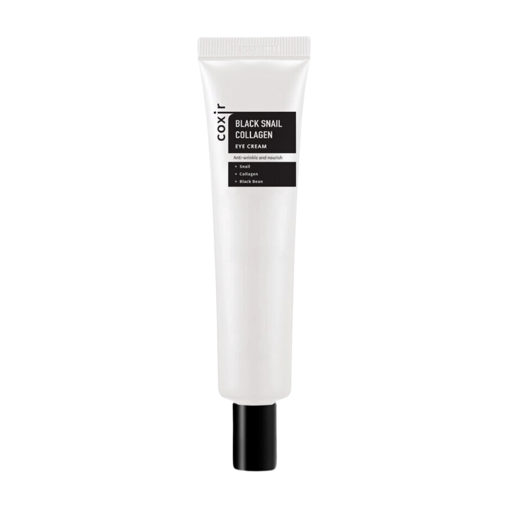 L'immagine mostra un tubetto di "Black Snail Collagen Eye Cream", una crema contorno occhi che mette in evidenza ingredienti come estratto di lumaca, collagene e fagiolo nero. Questi ingredienti sono noti per le loro proprietà anti-rughe e nutrienti. Il prodotto è progettato per idratare e nutrire la pelle sensibile intorno agli occhi.