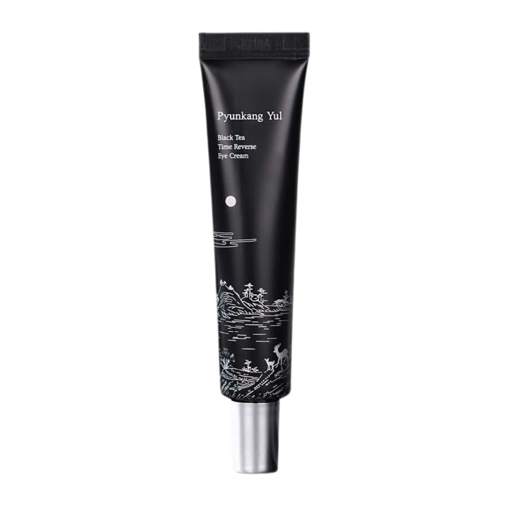 Pyunkang Yul Black Tea Time Reverse Eye Cream 25 ml in tubo nero con tè nero fermentato, peptidi e ingredienti idratanti per il contorno occhi.