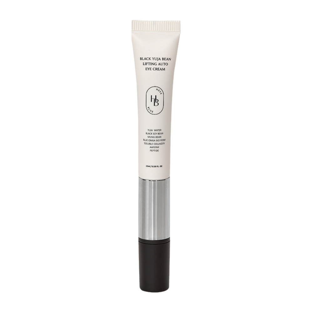 Immagine del prodotto di HEVE BLUE Black Yuja Bean Lifting Auto Eye Cream - un tubo con parte superiore bianca, parte centrale argentata e applicatore nero. Il testo sulla confezione elenca ingredienti come yuja water e black soy bean.