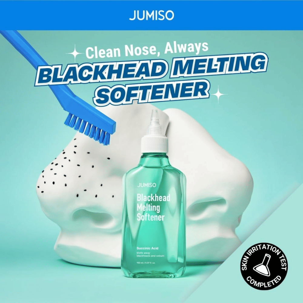 JUMISO Blackhead Melting Softener con spazzola contro il modello bianco del naso. Testo: "Clean Nose, Always". Testato clinicamente per l'irritazione della pelle.