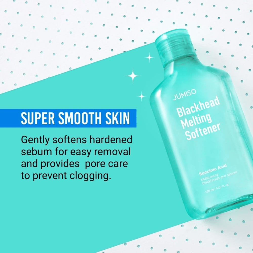 JUMISO Blackhead Melting Softener mostrato su sfondo turchese. Il testo sottolinea che il prodotto ammorbidisce il sebo e previene i pori ostruiti.