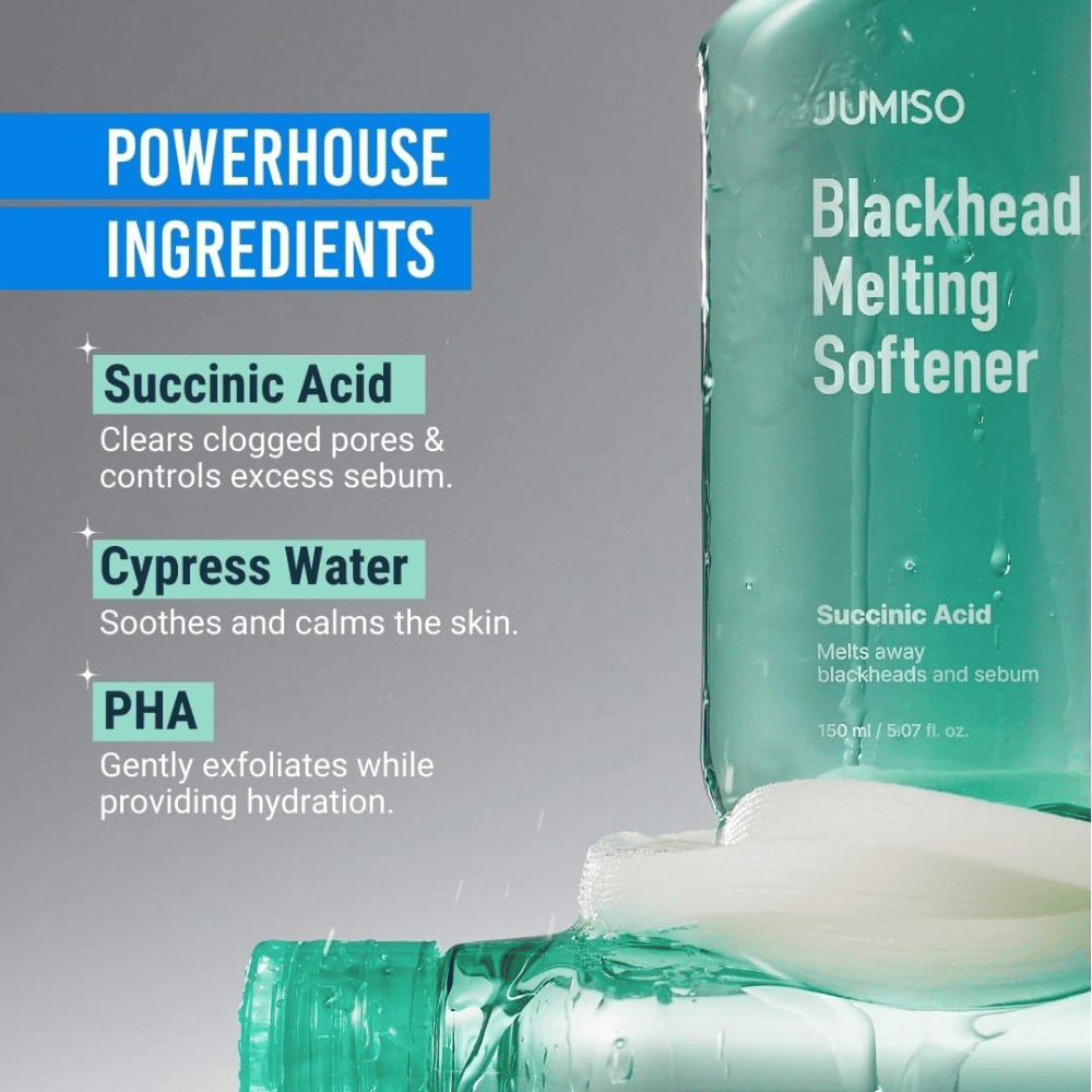 Primo piano della bottiglia JUMISO Blackhead Melting Softener. Il testo mostra gli ingredienti chiave: acido succinico, acqua di cipresso e PHA per la pulizia dei pori.