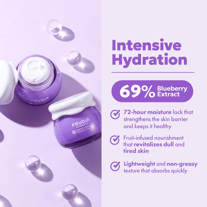 FRUDIA Blueberry Hydrating Intensive Cream con idratazione intensa, 69% di estratto di mirtillo e consistenza cremosa per pelle secca e disidratata