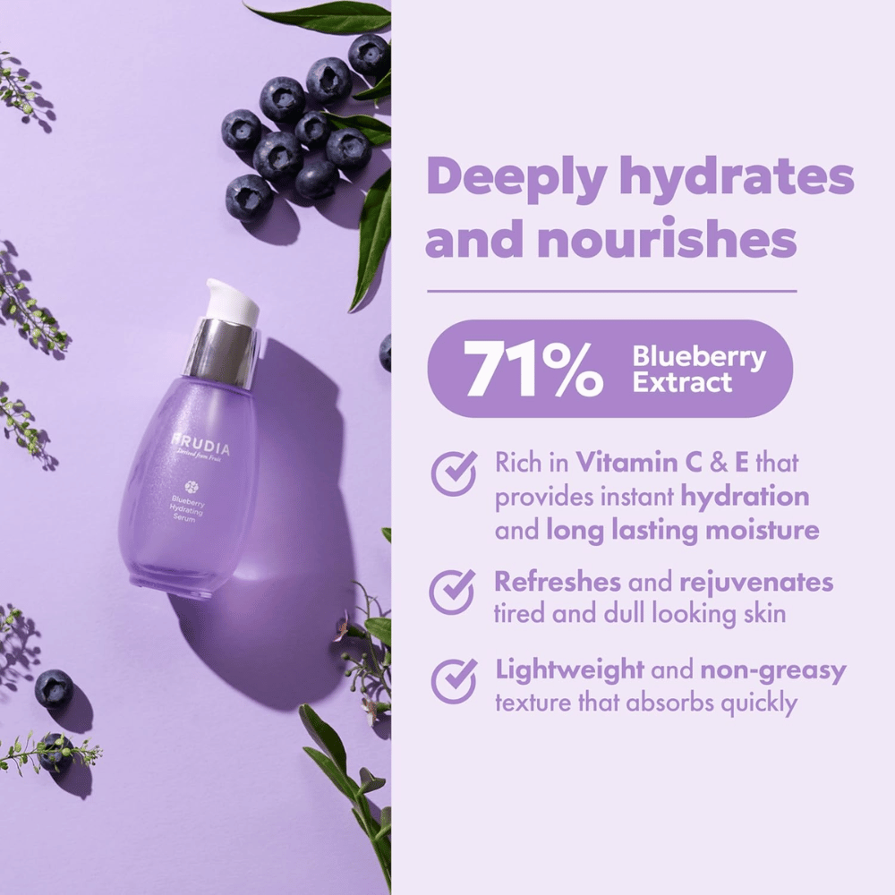 FRUDIA Blueberry Hydrating Serum con il 71% di estratto di mirtillo che fornisce idratazione intensa, umidità duratura, consistenza leggera e luminosità fresca alla pelle secca.