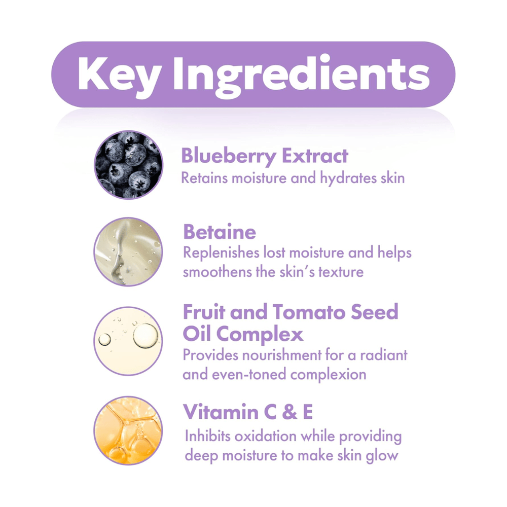 Ingredienti chiave in FRUDIA Blueberry Hydrating Serum con estratto di mirtillo, betaina, complesso di oli di semi e vitamine C ed E per una pelle idratata e radiosa.