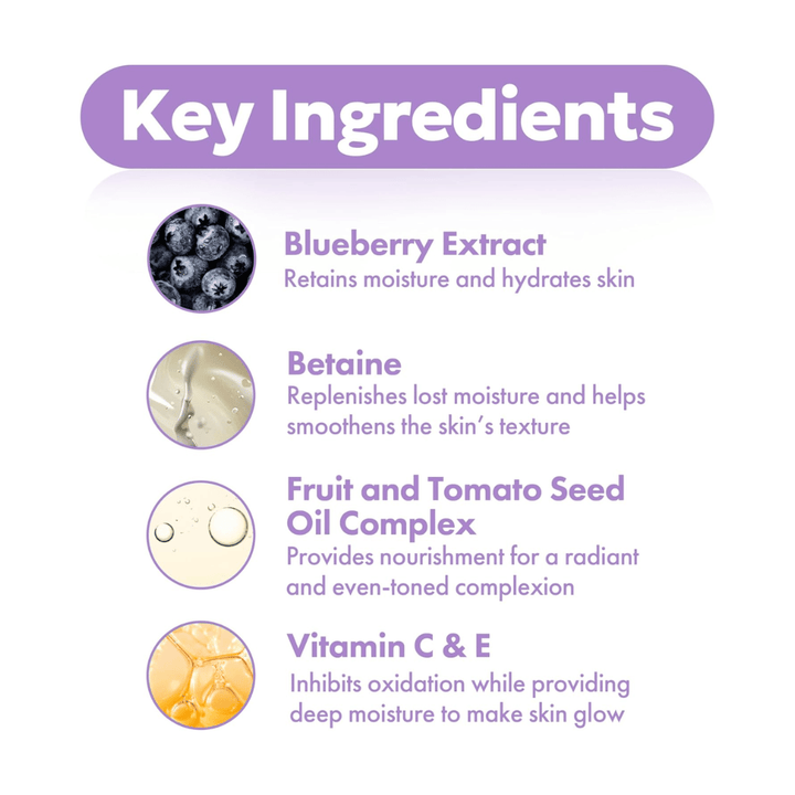Ingredienti chiave in FRUDIA Blueberry Hydrating Serum con estratto di mirtillo, betaina, complesso di oli di semi e vitamine C ed E per una pelle idratata e radiosa.