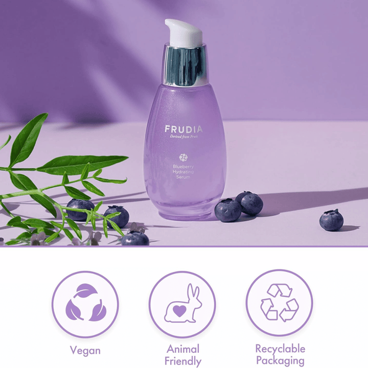 FRUDIA Blueberry Hydrating Serum con estratto di mirtillo, formula vegana, cruelty-free e confezione riciclabile, sviluppato per idratazione e luminosità.