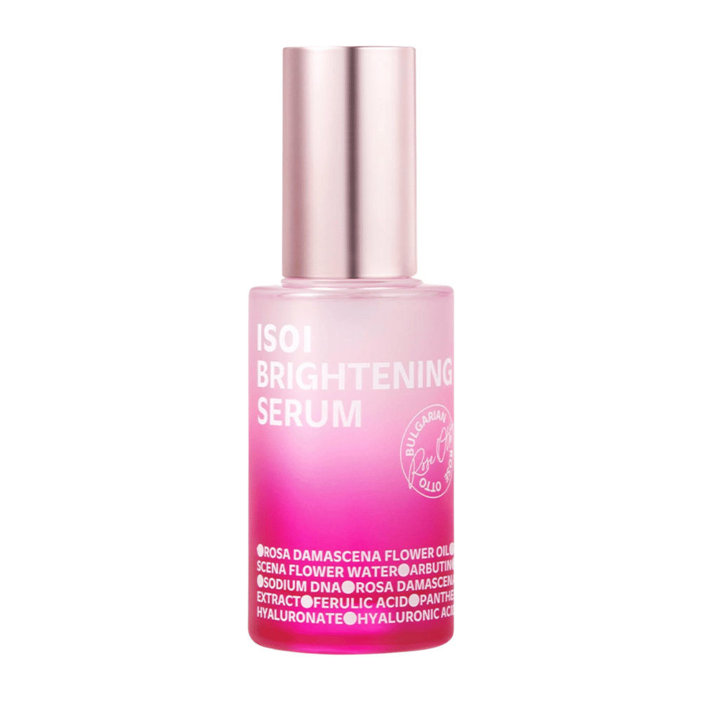 ISOI Brightening Serum 35 ml, siero viso illuminante con Rose PDRN e arbutina in un flacone di vetro rosa con tappo rosa metallizzato su sfondo bianco.