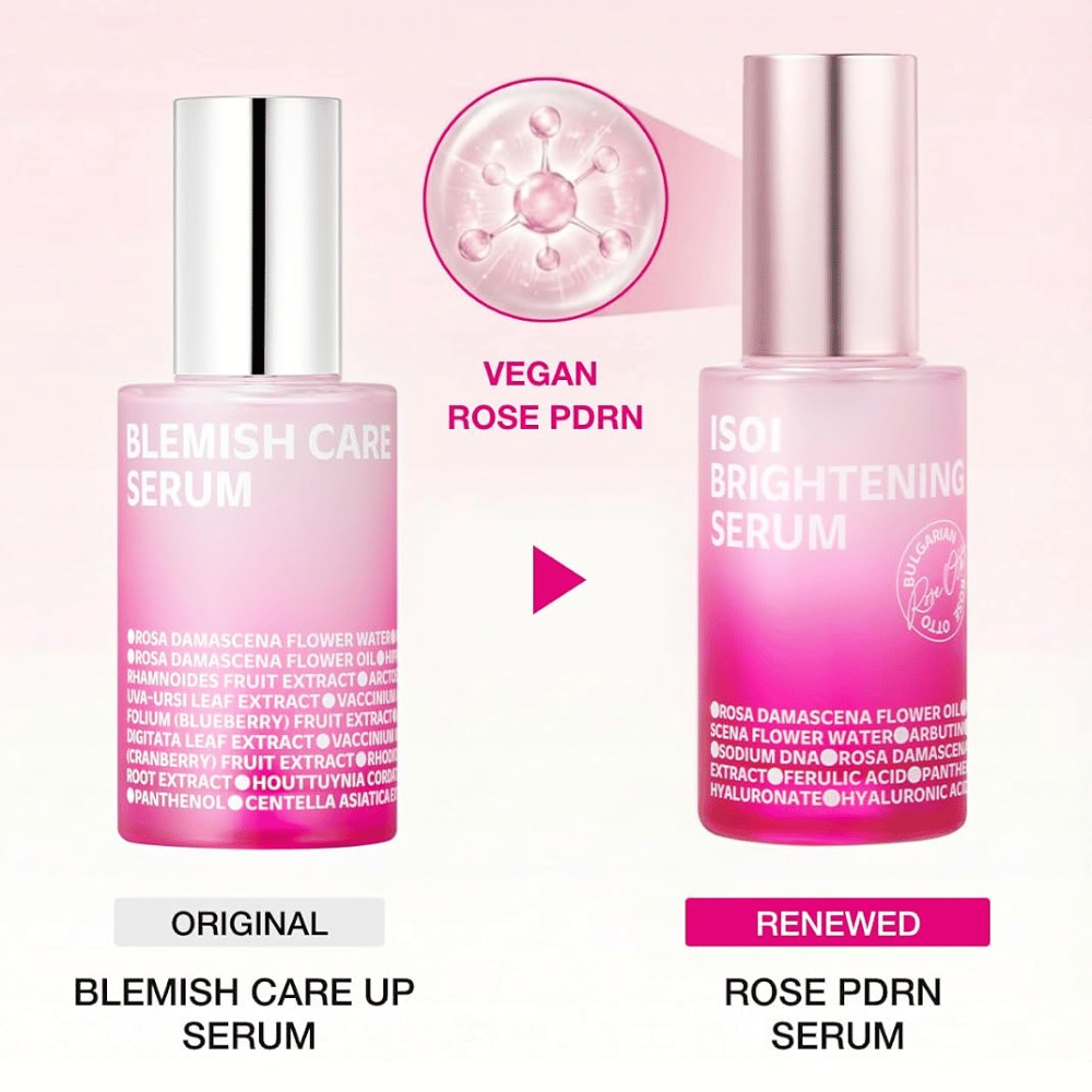 ISOI Brightening Serum con Rose PDRN vegano. Confronto tra l'originale Blemish Care Up Serum e il flacone di siero rosa aggiornato.