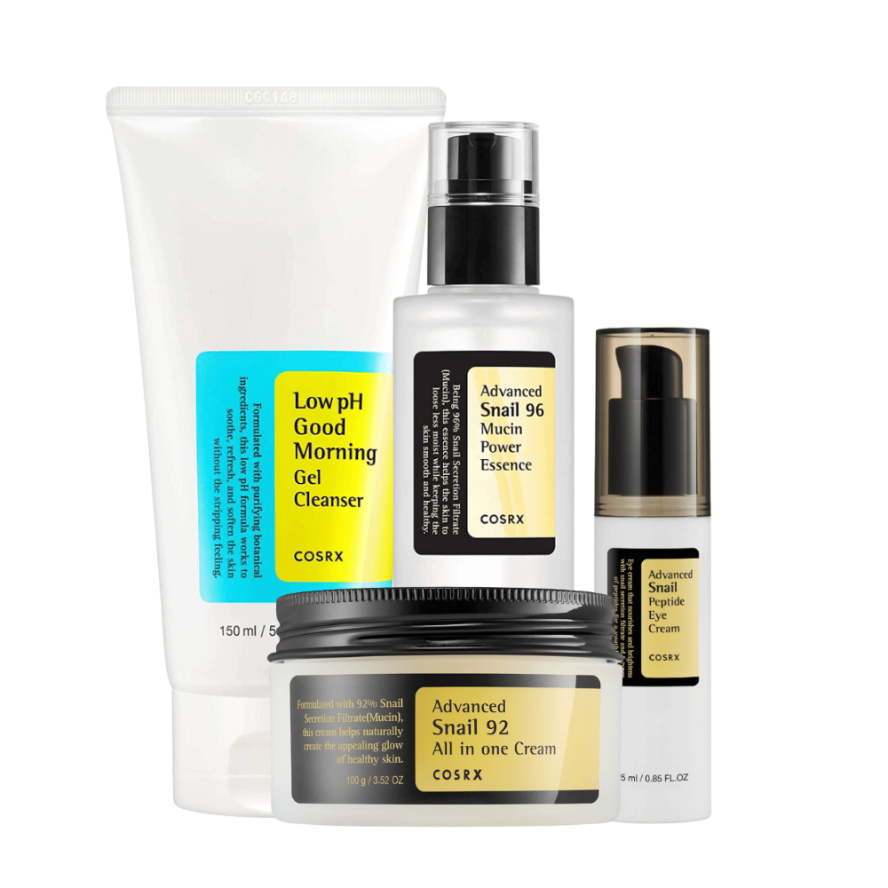 Una collezione di prodotti di bellezza coreani con COSRX Starter Kit da COSRX con formule a basso pH, esposti su uno sfondo bianco.