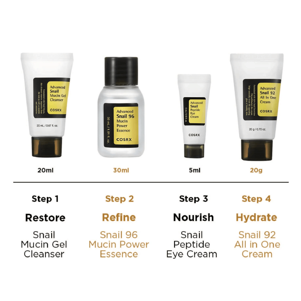 COSRX Tutto sul Kit Snail – routine di cura della pelle in 4 fasi con Snail Mucin Gel Cleanser 20ml, Snail 96 Mucin Power Essence 30ml, Snail Peptide Eye Cream 5ml e Snail 92 All In One Cream 20g.