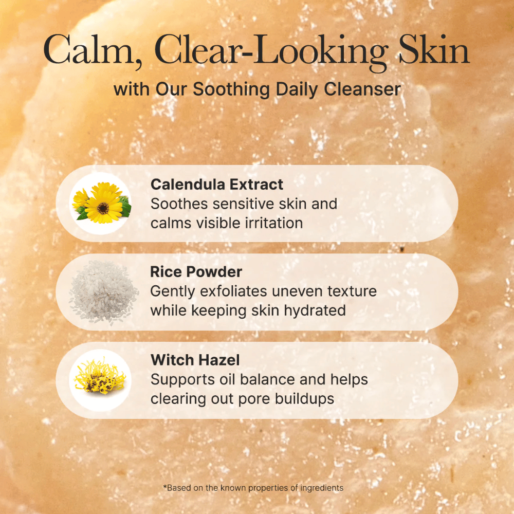 Arencia Calendula Rice Mochi Cleanser con ingredienti come calendula, polvere di riso e amamelide – calma, esfolia ed equilibra la pelle.