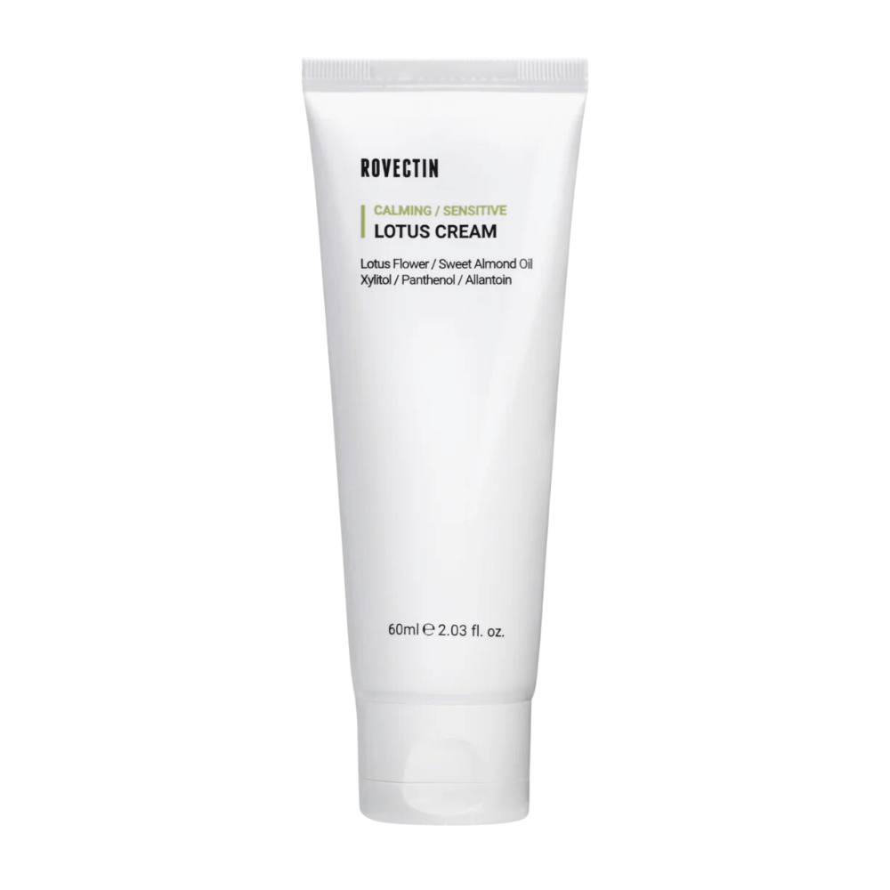 Tubo con Rovectin Calming Sensitive Lotus Cream, crema lenitiva per pelle sensibile.