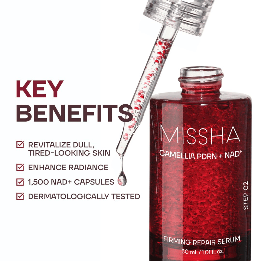 5. MISSHA Camellia PDRN NAD+ Firming Repair Serum – flacone di siero rosso con contagocce e capsule visibili, oltre ai principali benefici del prodotto