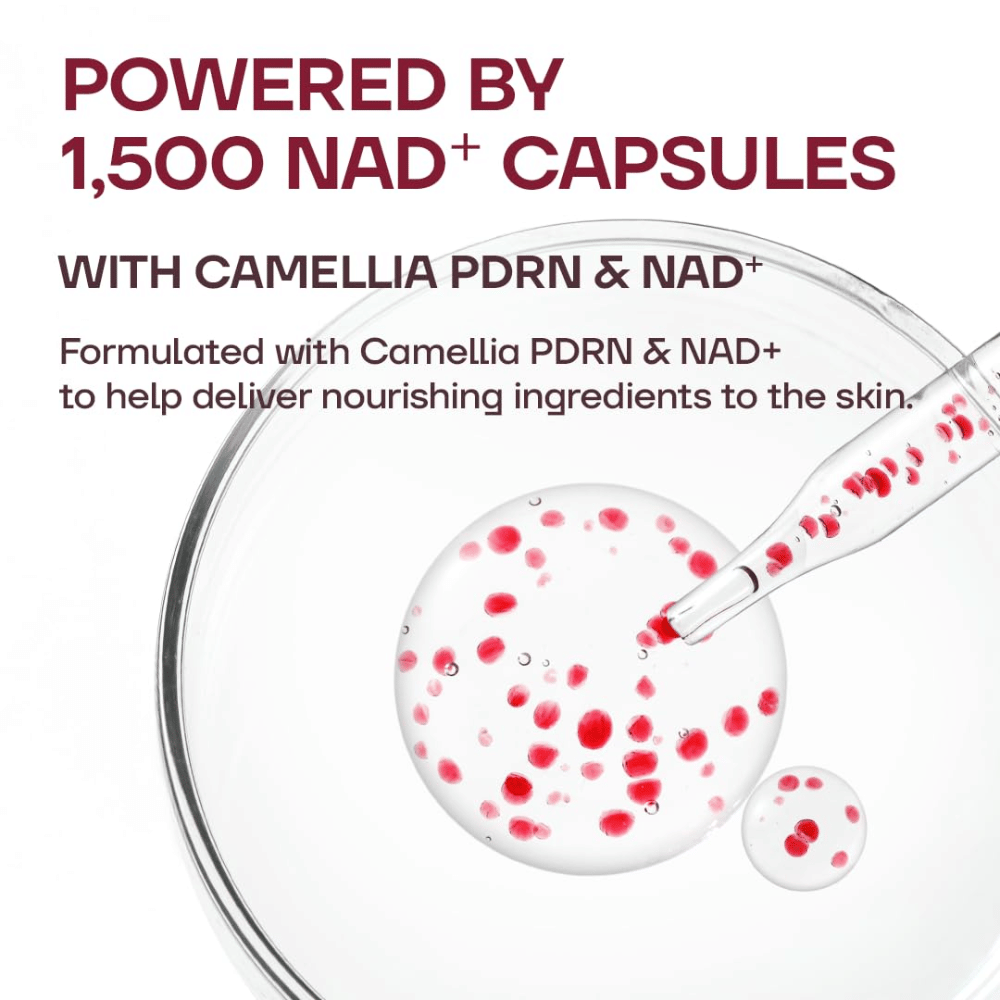 3. MISSHA Camellia PDRN NAD+ Firming Repair Serum – primo piano della consistenza trasparente del siero con 1500 capsule rosse di NAD+