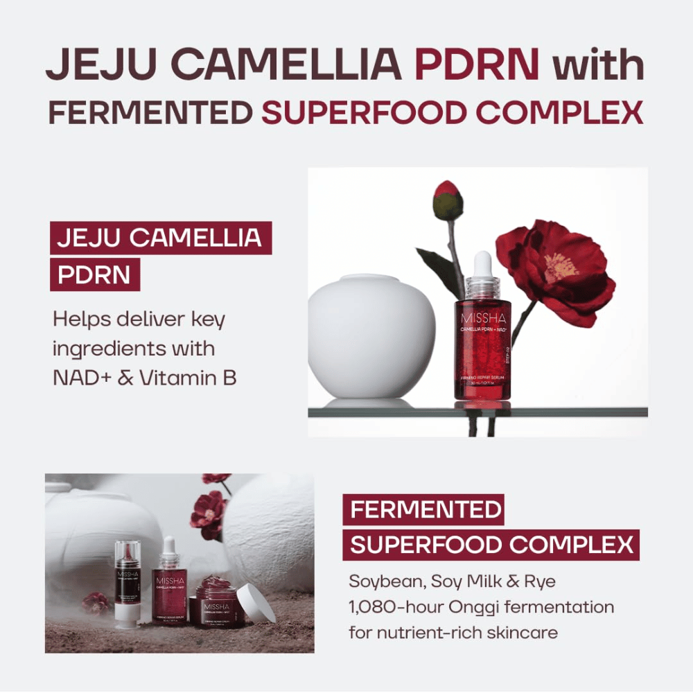 2. MISSHA Camellia PDRN NAD+ Firming Repair Serum – siero con camelia di Jeju e ingredienti fermentati come soia e segale