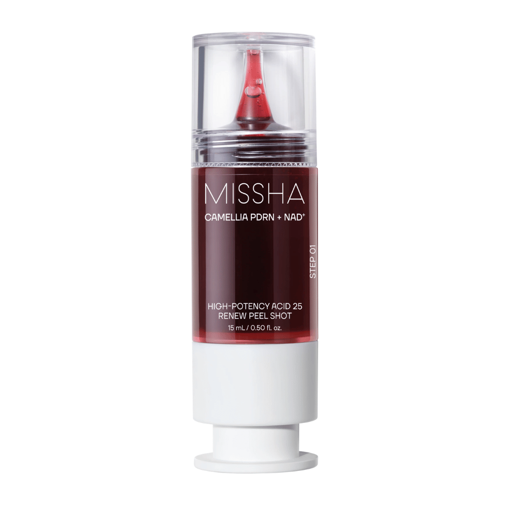 6. MISSHA Camellia PDRN NAD+ High-Potency Acid 25 Renew Peel Shot 15 ml – esfoliante peeling viso in confezione rossa e bianca