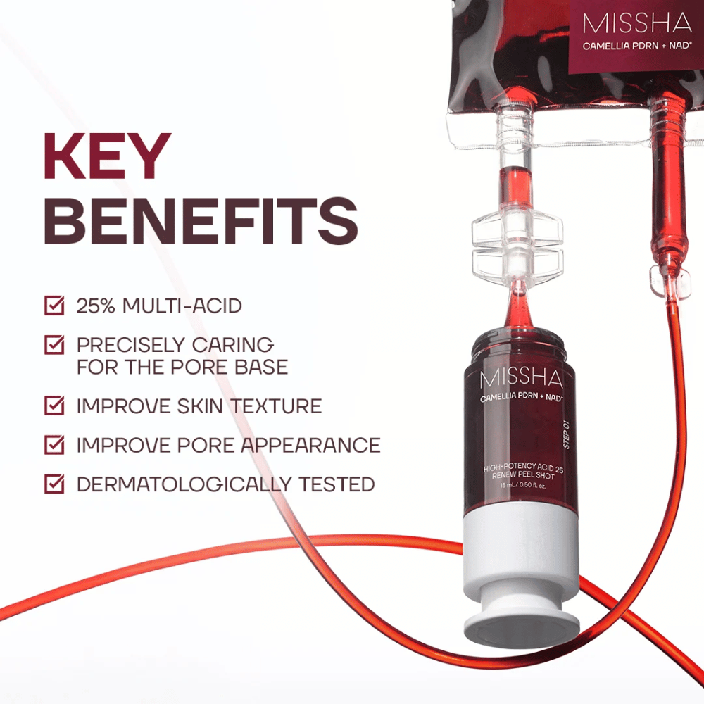 3. MISSHA Camellia PDRN NAD+ High-Potency Acid 25 Renew Peel Shot – trattamento esfoliante per il viso per una grana della pelle più uniforme e pori meno visibili
