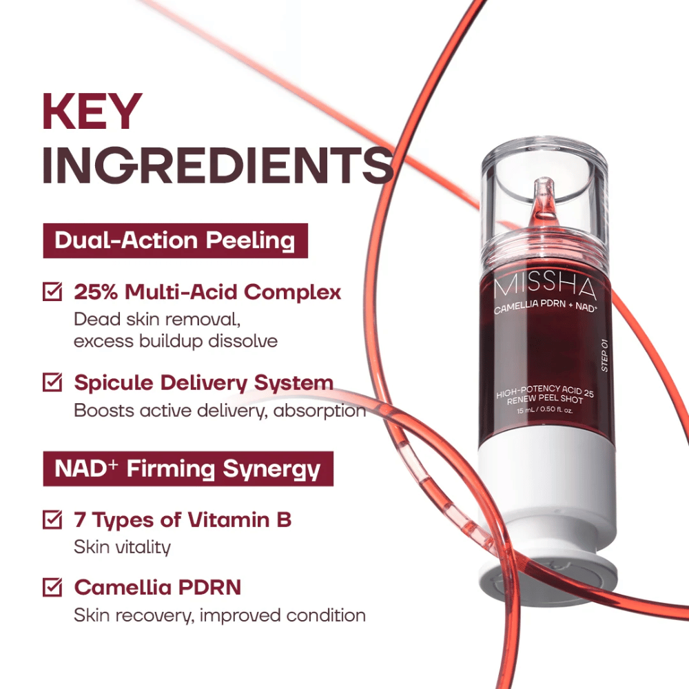 2. MISSHA Camellia PDRN NAD+ High-Potency Acid 25 Renew Peel Shot – peeling viso con complesso di acidi al 25 %, PDRN e NAD+