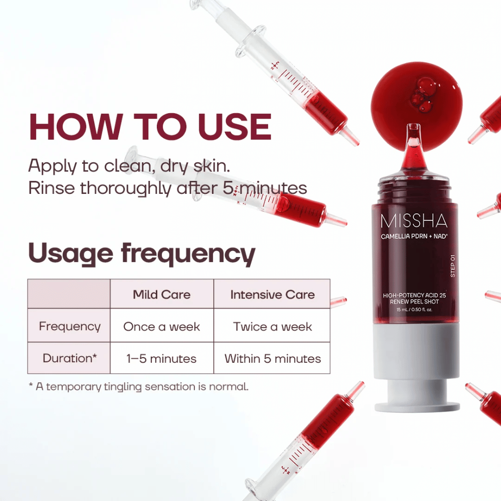 1. MISSHA Camellia PDRN NAD+ High-Potency Acid 25 Renew Peel Shot – istruzioni per l’uso e frequenza di esfoliazione consigliata