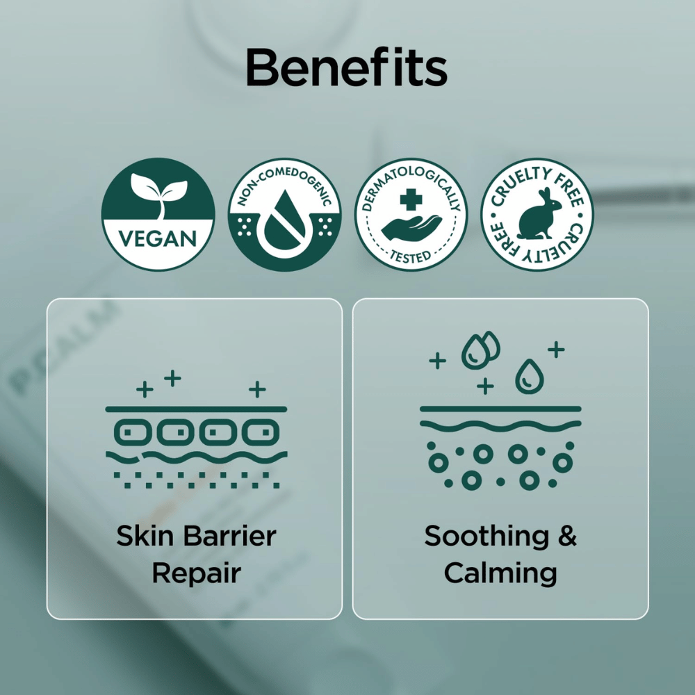Immagine grafica panoramica che evidenzia i benefici del prodotto come formula vegana, non comedogenico, dermatologicamente testato e cruelty-free. L’attenzione è rivolta alla riparazione della barriera cutanea e all’effetto lenitivo per la pelle sensibile.