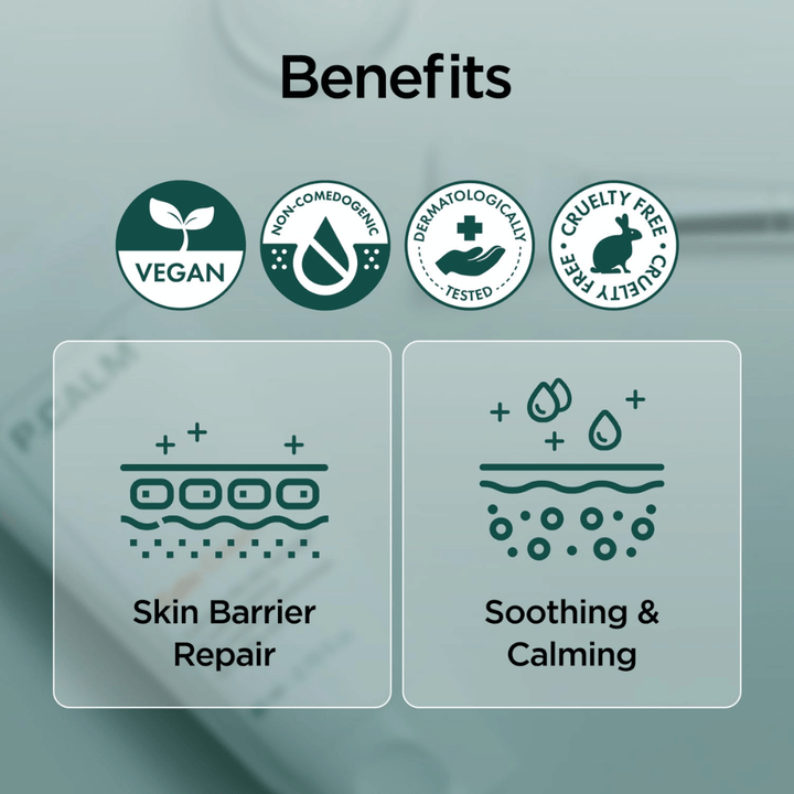 Immagine grafica panoramica che evidenzia i benefici del prodotto come formula vegana, non comedogenico, dermatologicamente testato e cruelty-free. L’attenzione è rivolta alla riparazione della barriera cutanea e all’effetto lenitivo per la pelle sensibile.