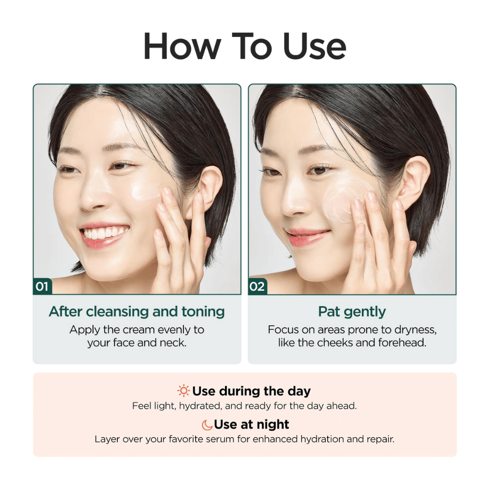Immagine illustrativa che mostra come utilizzare P.CALM Cato Cream dopo la detersione e tonico viso. Una modella applica la crema sulle guance e il prodotto è consigliato sia di giorno che di notte per l’idratazione e la cura della barriera cutanea.