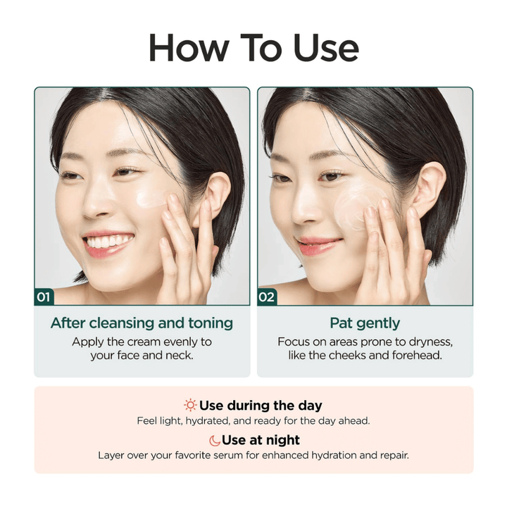 Immagine illustrativa che mostra come utilizzare P.CALM Cato Cream dopo la detersione e tonico viso. Una modella applica la crema sulle guance e il prodotto è consigliato sia di giorno che di notte per l’idratazione e la cura della barriera cutanea.