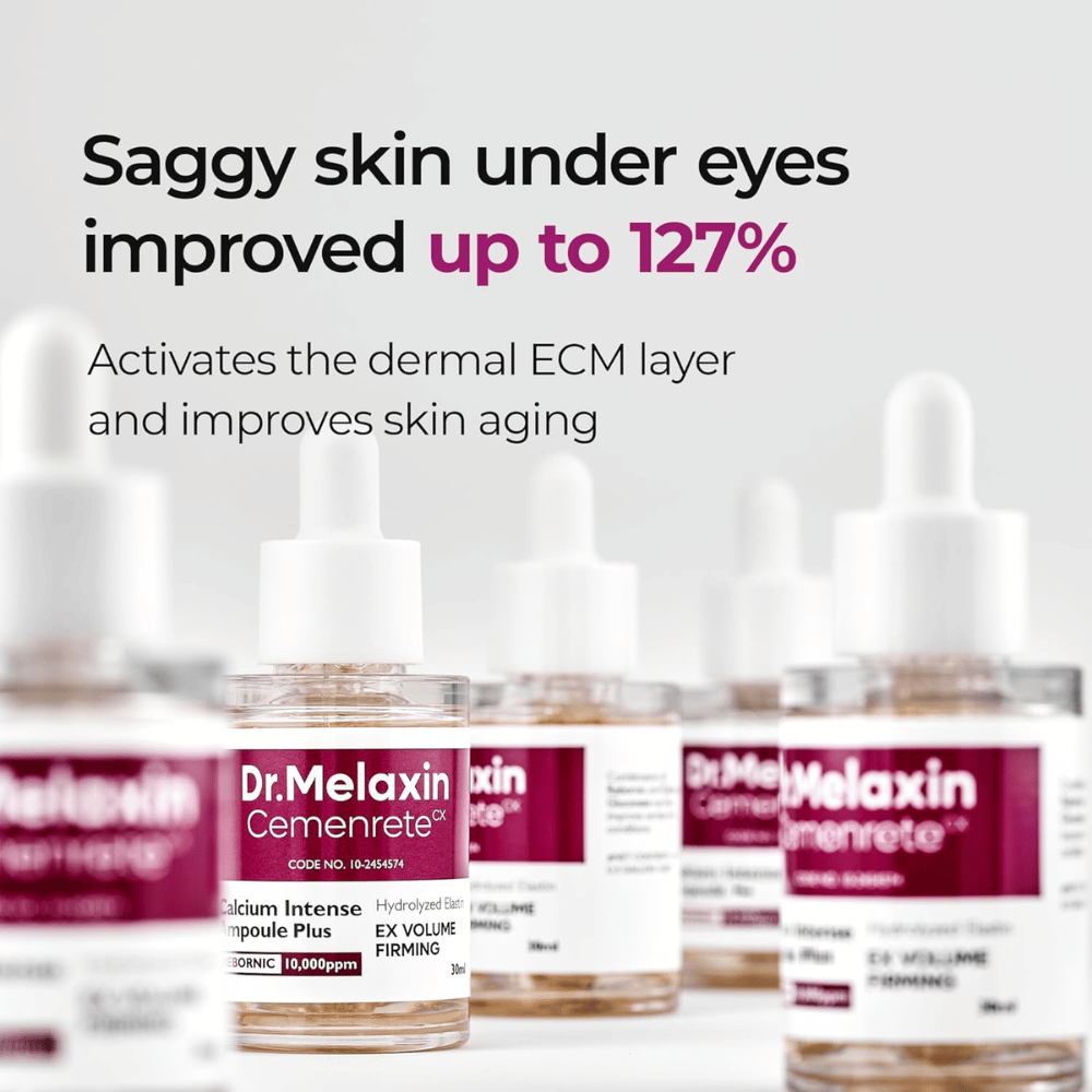 Dr. Melaxin Cemenrete Calcium Intense Ampoule Plus mostrato con enfasi sul miglioramento della pelle cadente sotto gli occhi, che attiva lo strato ECM della pelle e supporta l'anti-invecchiamento.