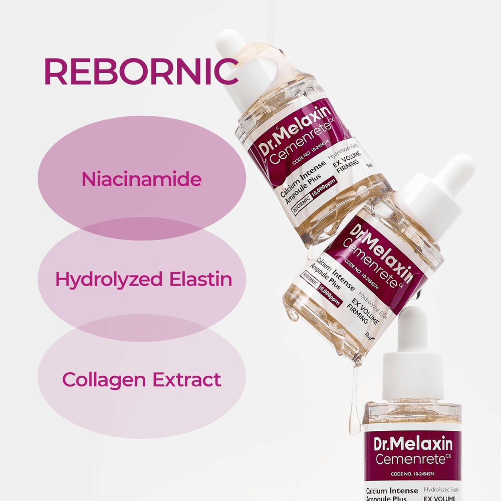 Dr. Melaxin Cemenrete Calcium Intense Ampoule Plus con niacinamide, elastina idrolizzata ed estratto di collagene, sviluppato per una pelle più soda e migliorata elasticità.