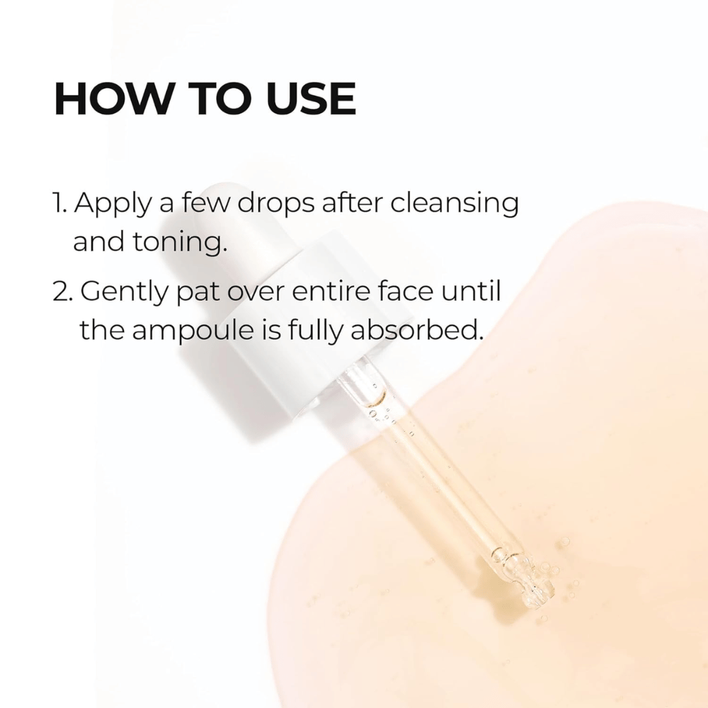 Immagine istruttiva che mostra come Dr. Melaxin Cemenrete Calcium Intense Ampoule Plus viene applicato dopo la pulizia e tonico viso, tamponando sulla pelle fino a completo assorbimento.
