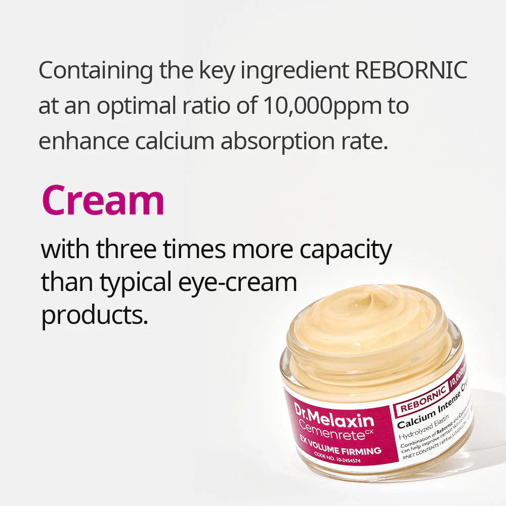 Dr.Melaxin Cemenrete Calcium Intense Cream con infografica su Rebornic 10 000 ppm, crema viso che migliora l'assorbimento del calcio e l'elasticità della pelle.