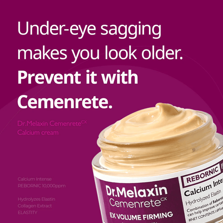 Dr.Melaxin Cemenrete Calcium Intense Cream con messaggio testuale sul rassodamento sotto gli occhi, illustra il focus della crema su fermezza, volume e prevenzione della pelle flaccida.