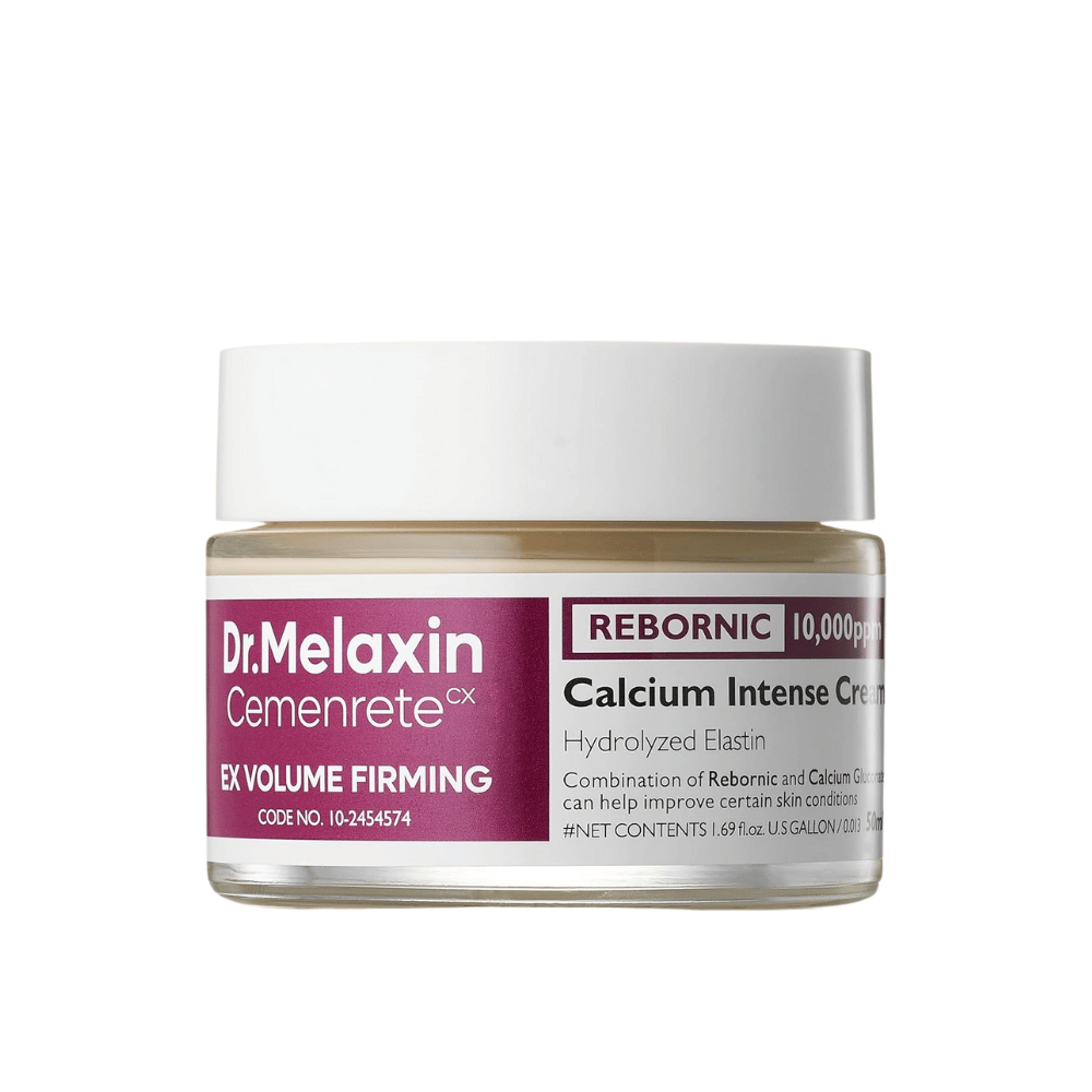 Dr.Melaxin Cemenrete Calcium Intense Cream in barattolo su sfondo bianco, crema viso con calcio, Rebornic ed elastina idrolizzata per una pelle più soda e piena.