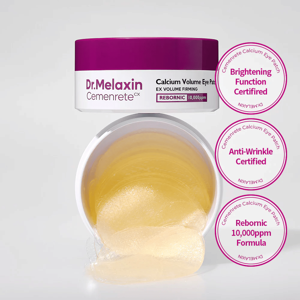 Barattolo aperto con patch per occhi in idrogel di Dr. Melaxin Cemenrete Calcium Volume Eye Patch con Rebornic 10.000 ppm, certificato per effetto anti-rughe e illuminante.