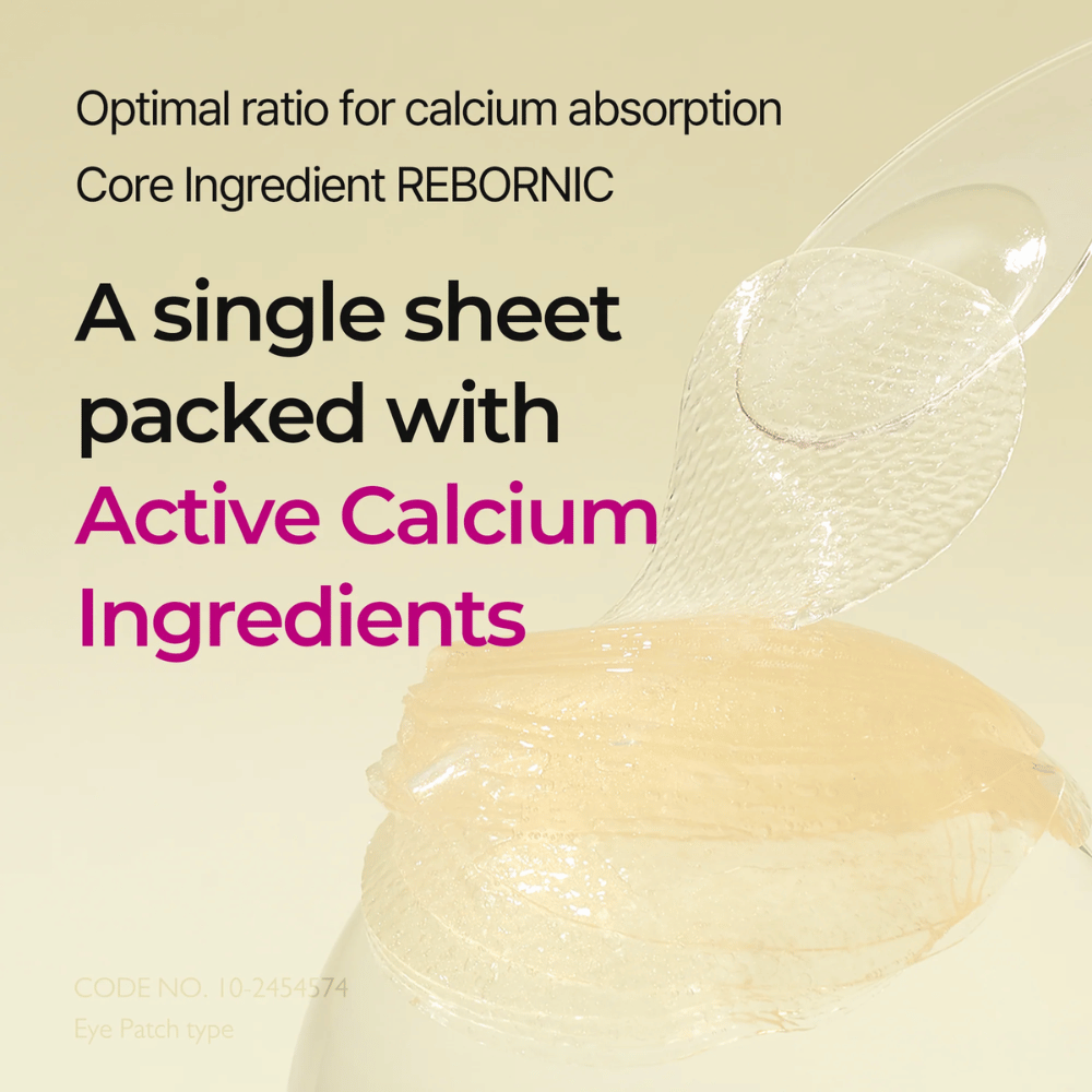 Primo piano di idrogel imbevuto di calcio attivo in Dr. Melaxin Cemenrete Calcium Volume Eye Patch, sviluppato per un'assorbimento ottimale ed effetto volumizzante.