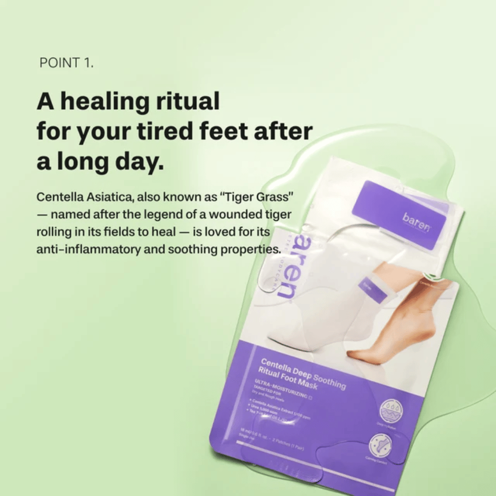 5. Baren Centella Deep Soothing Ritual Foot Mask – trattamento lenitivo per i piedi con centella asiatica per piedi stanchi, secchi e ruvidi