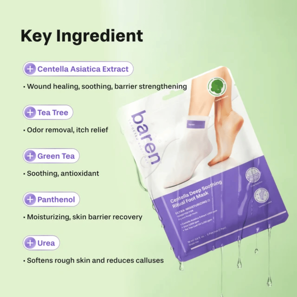 3. Baren Centella Deep Soothing Ritual Foot Mask – ingredienti chiave come centella asiatica, tea tree, tè verde, pantenolo e urea