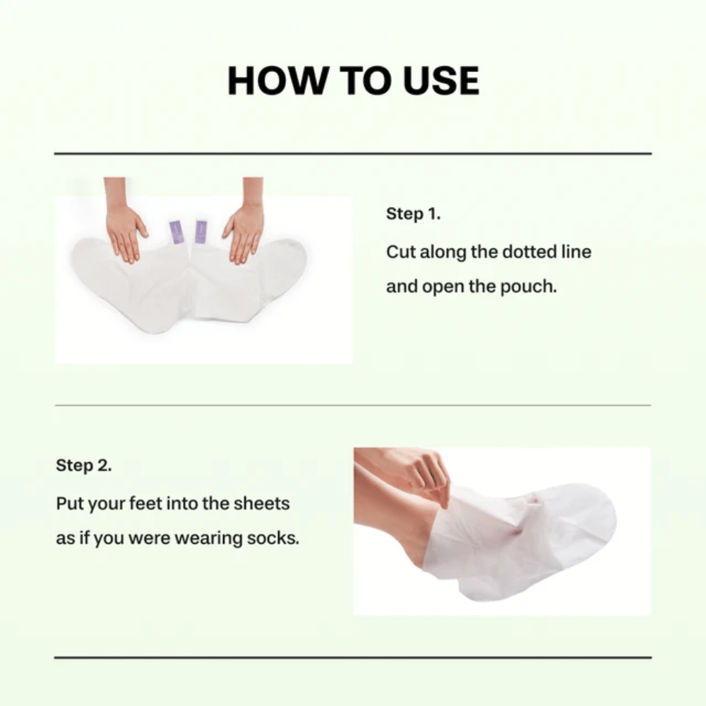 2. Baren Centella Deep Soothing Ritual Foot Mask – passaggi 1 e 2 che mostrano come aprire la confezione e indossare le maschere piedi come calzini