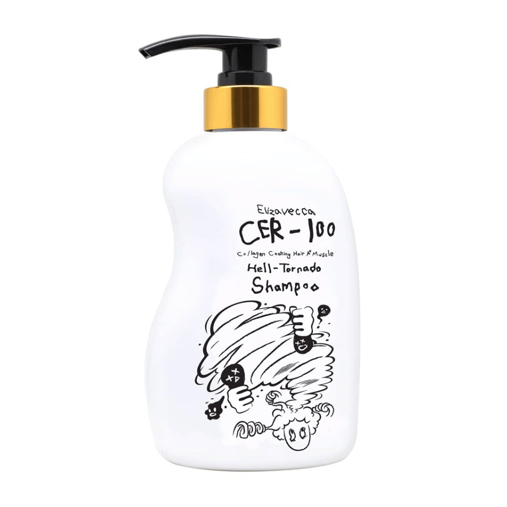 Immagine del prodotto di Elizavecca CER-100 Collagen Coating Hair A+ Muscle Helltornado Shampoo su sfondo bianco. La confezione è mostrata chiaramente con flacone a pompa e la caratteristica illustrazione che contraddistingue la linea.