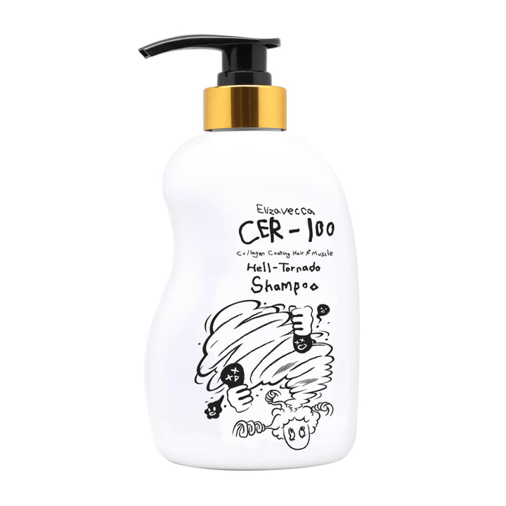 Immagine del prodotto di Elizavecca CER-100 Collagen Coating Hair A+ Muscle Helltornado Shampoo su sfondo bianco. La confezione è mostrata chiaramente con flacone a pompa e la caratteristica illustrazione che contraddistingue la linea.